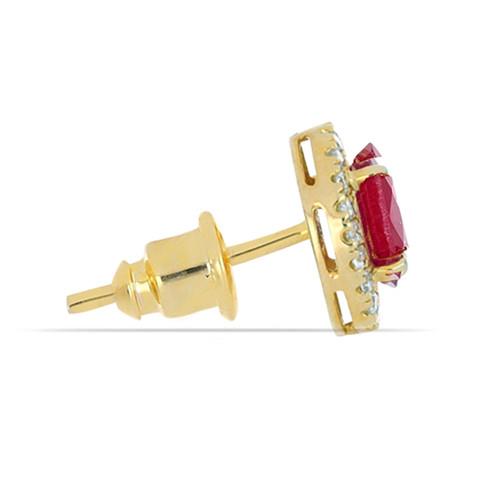 BUY 14K GOLD NATURAL GLASS FILLED RUBY GEMSTONE HALO EARRINGS WITH WHITE DIAMOND